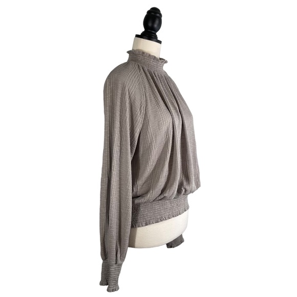 Free People Boulevard Top Textured Ruffle High Neck Taupe Gray, Size M - Picture 6 of 13